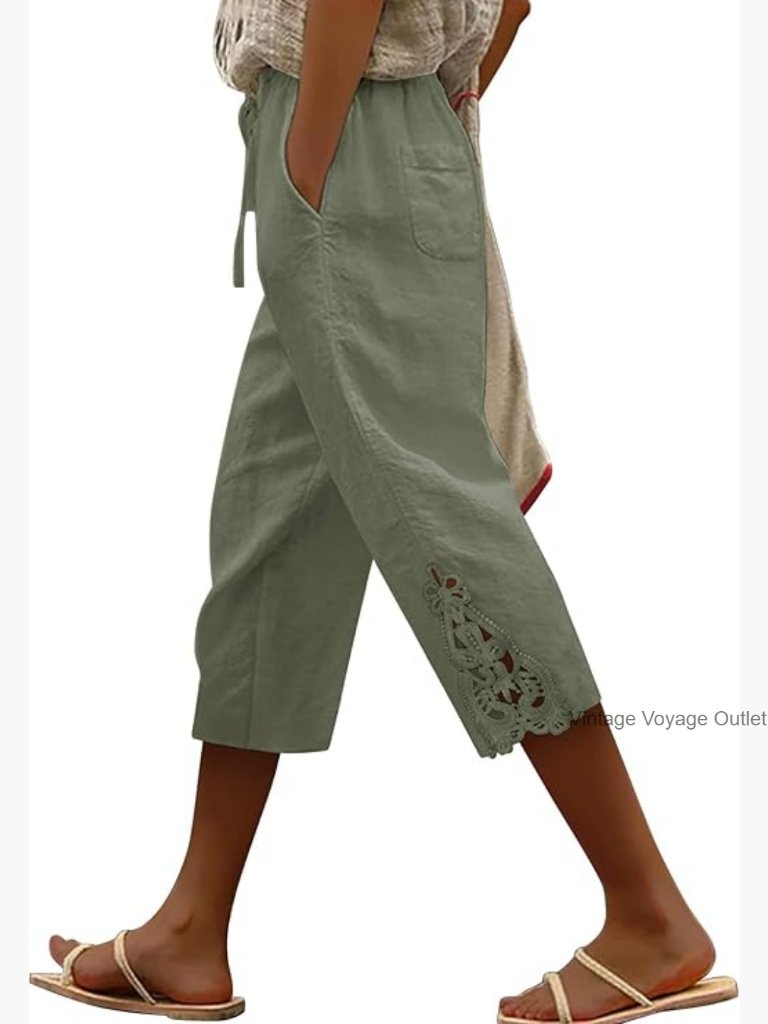 Cotton Linen Capri Pants With Drawstring Waist And Pockets